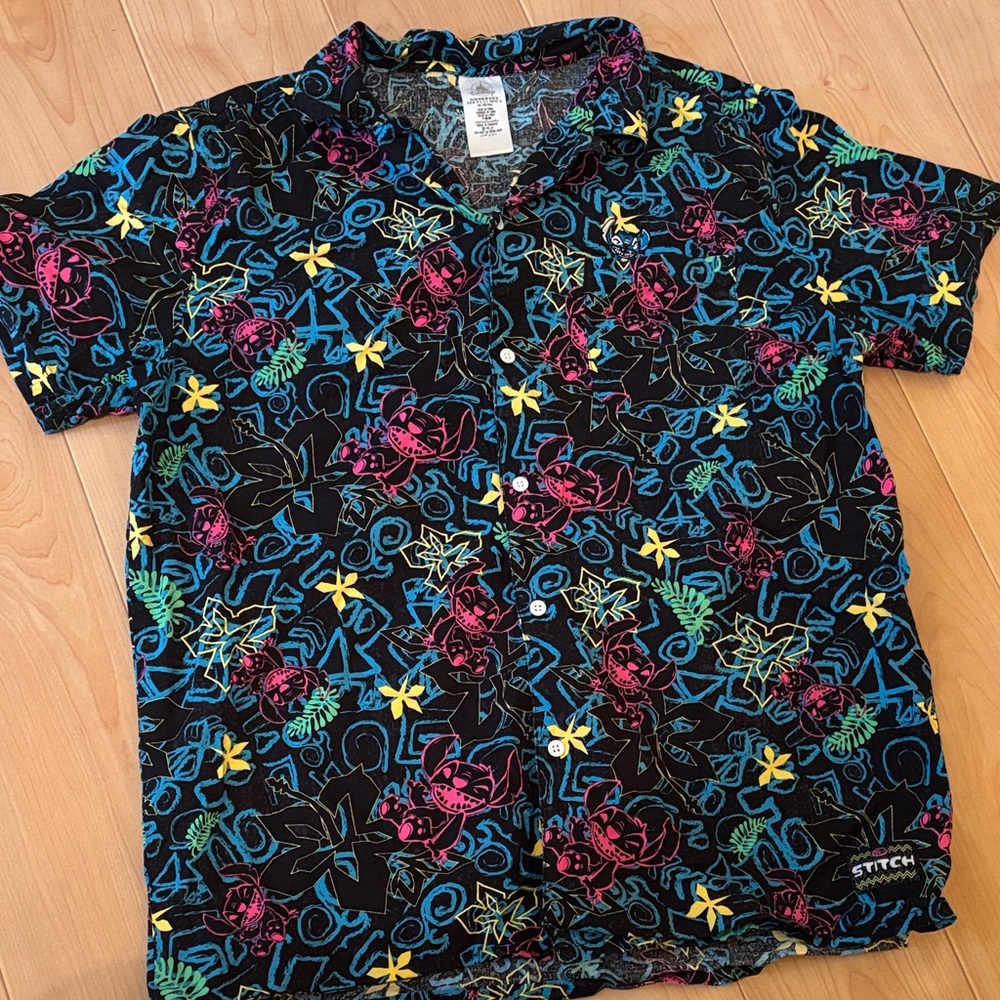 Disney Stitch Button-Up Shirt with Multicolor Tropical Print